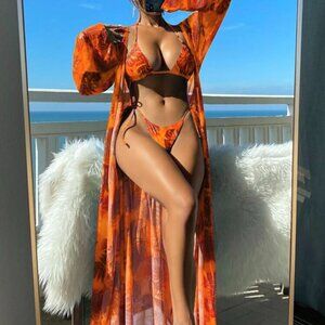 SHEIN SWIM SXY 3PC BIKINI SET ORANGE TROPICAL COVER UP RESORT WEAR